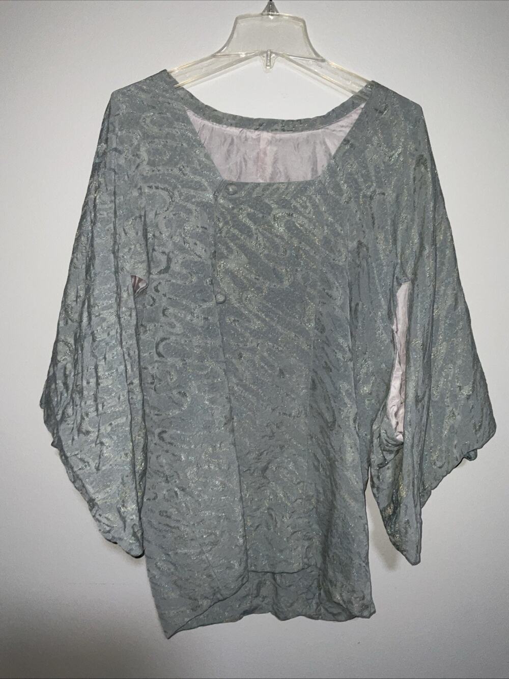 VTG VINTAGE LIGHT GREEN TURQUOISE SPARKLY SWIRL MICHIYUKI KIMONO COAT SZ M